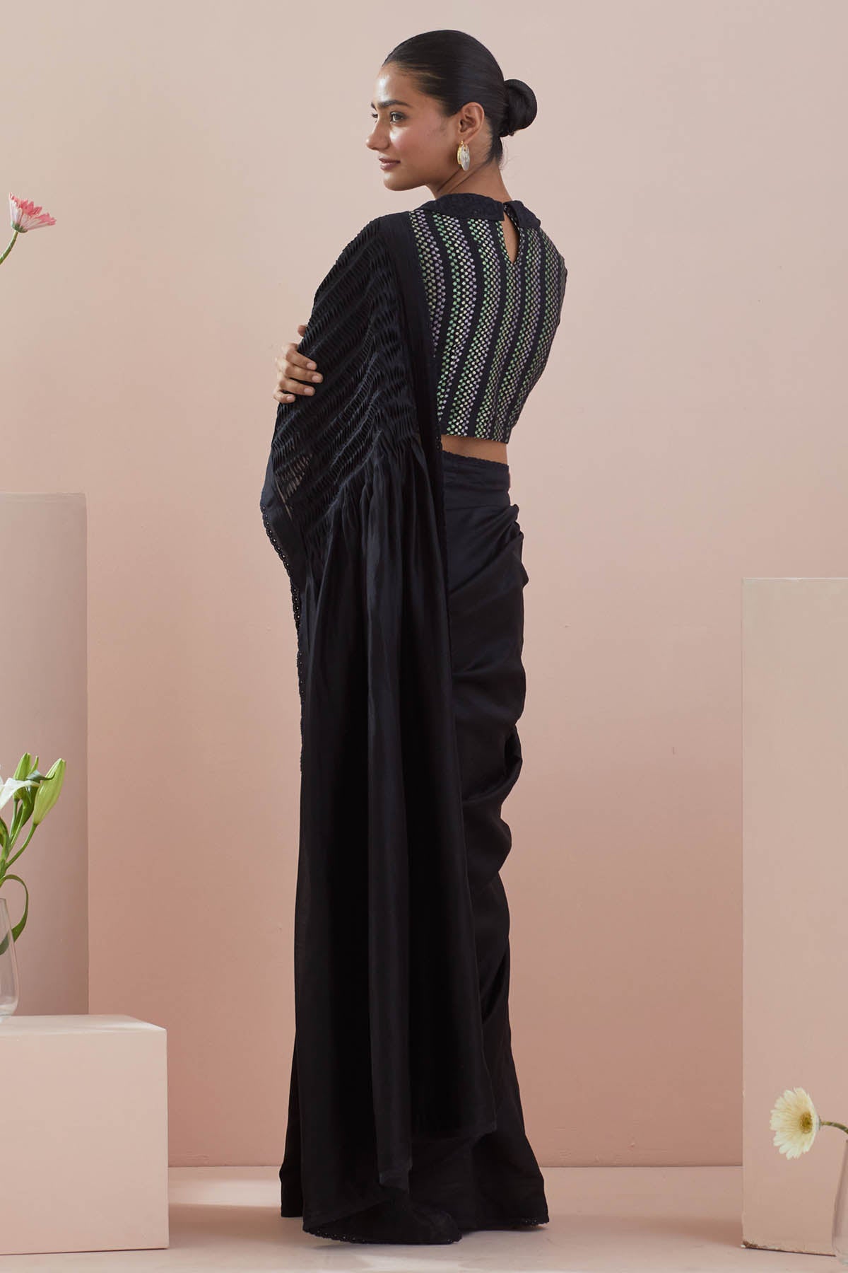 Black Chanderi Pintuck Saree