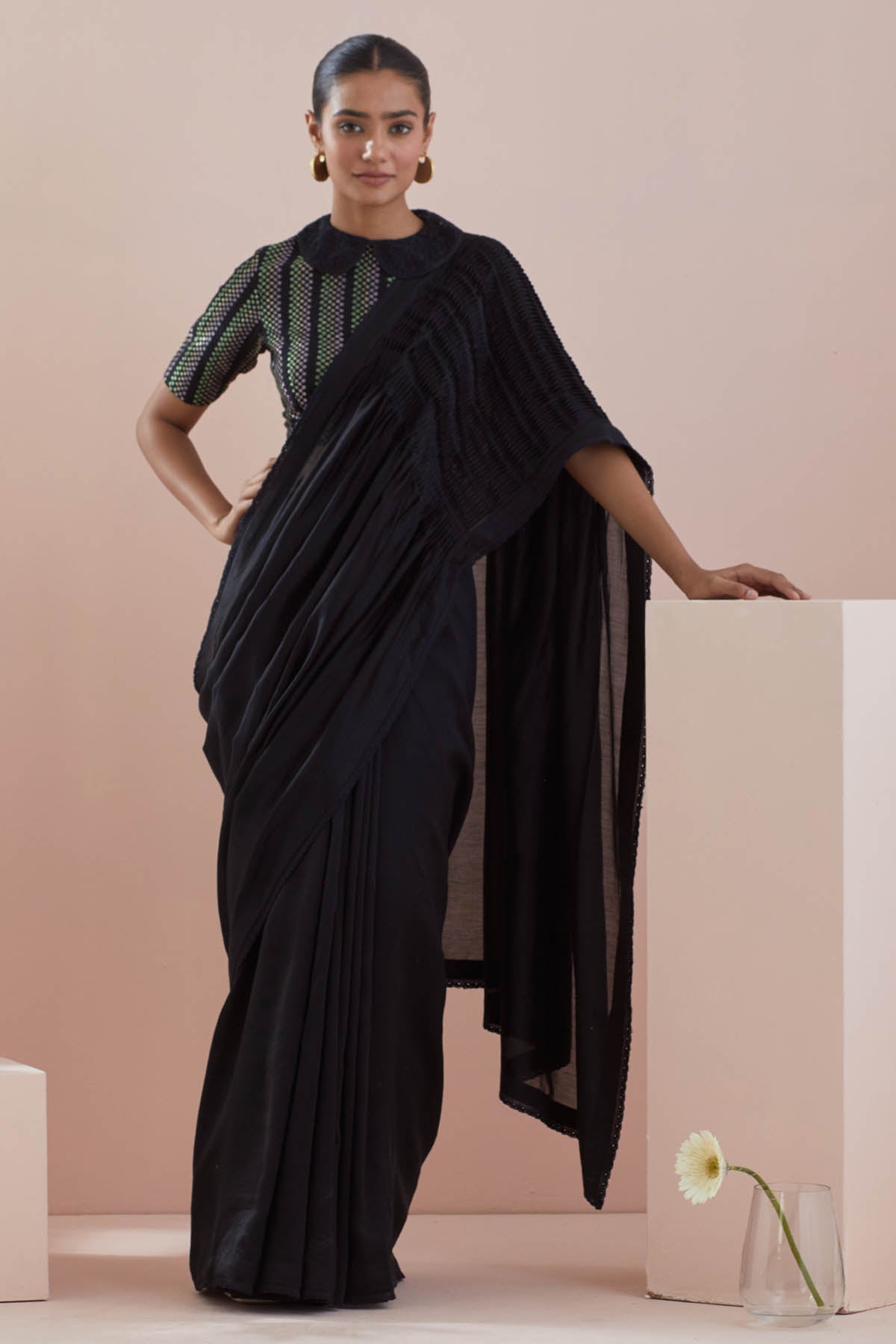 Vinusto Black Chanderi Pintuck Saree for women online at ScrollnShops