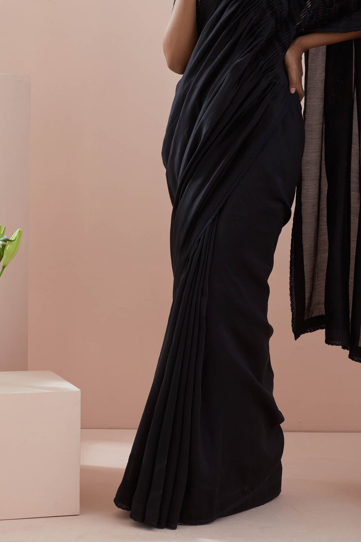 Black Chanderi Pintuck Saree