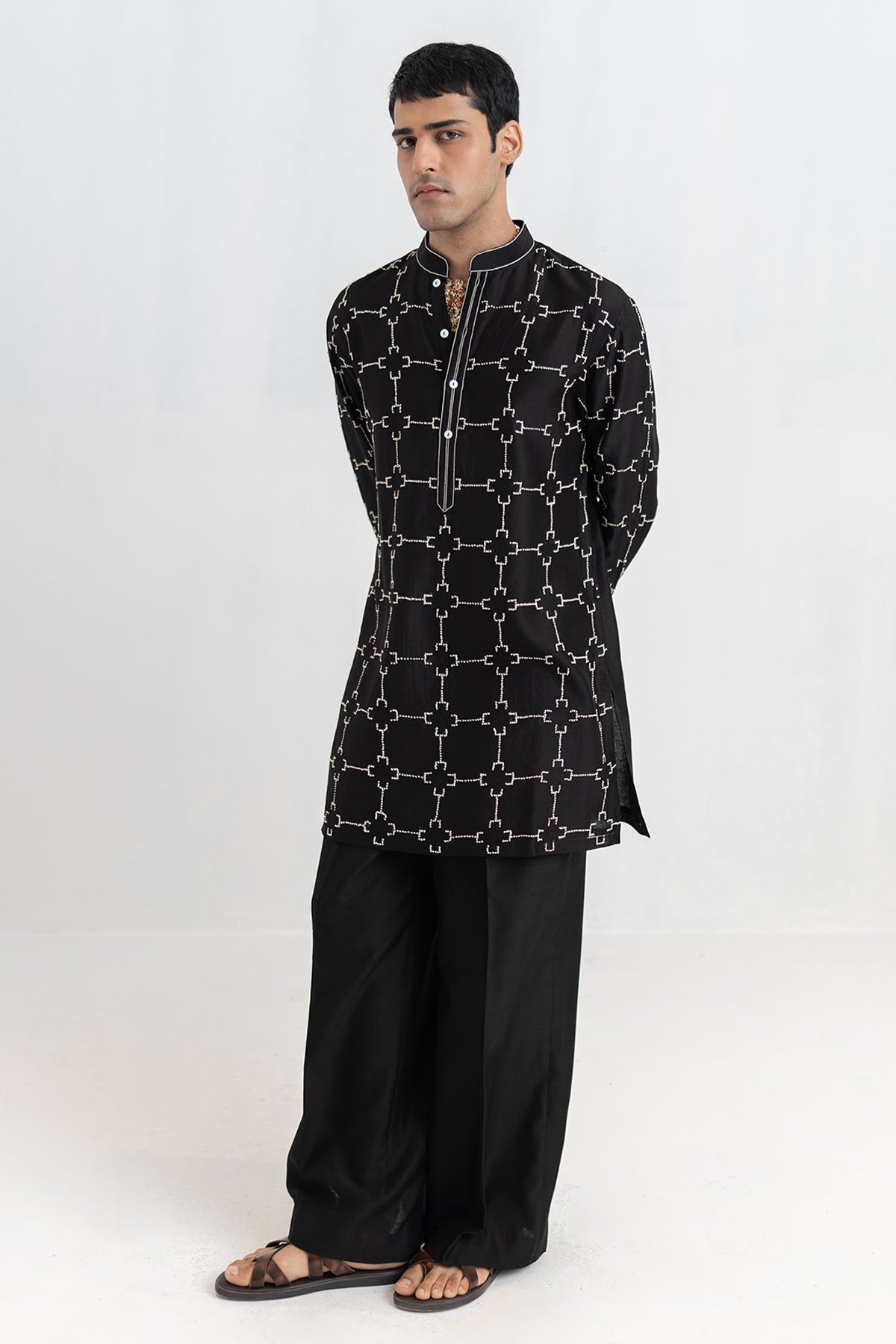 Buy Chanderi Short Black Kurta Pant for men by Ajiesh Oberoi online available at scrollnshops