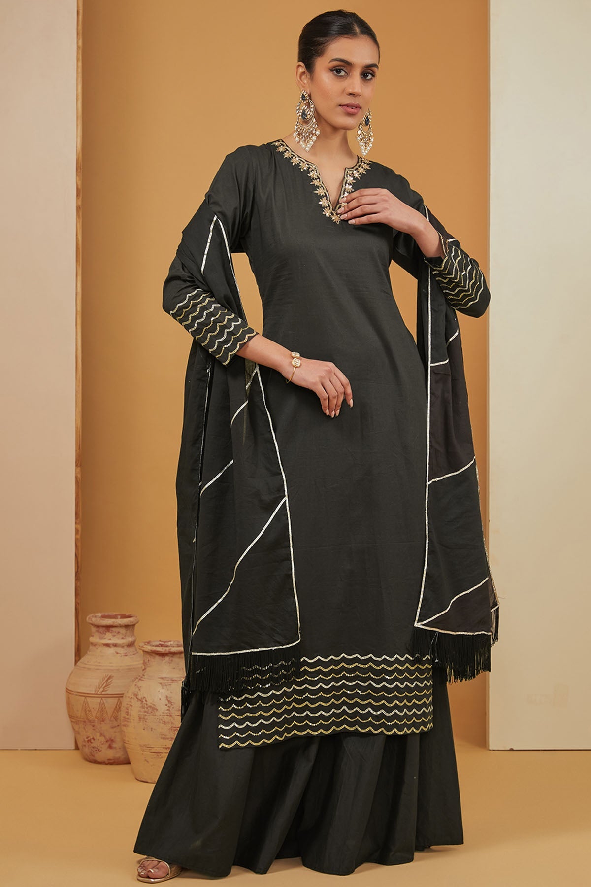 Neha Khullar Black Chanderi Silk Kurta Set for women online at ScrollnShops