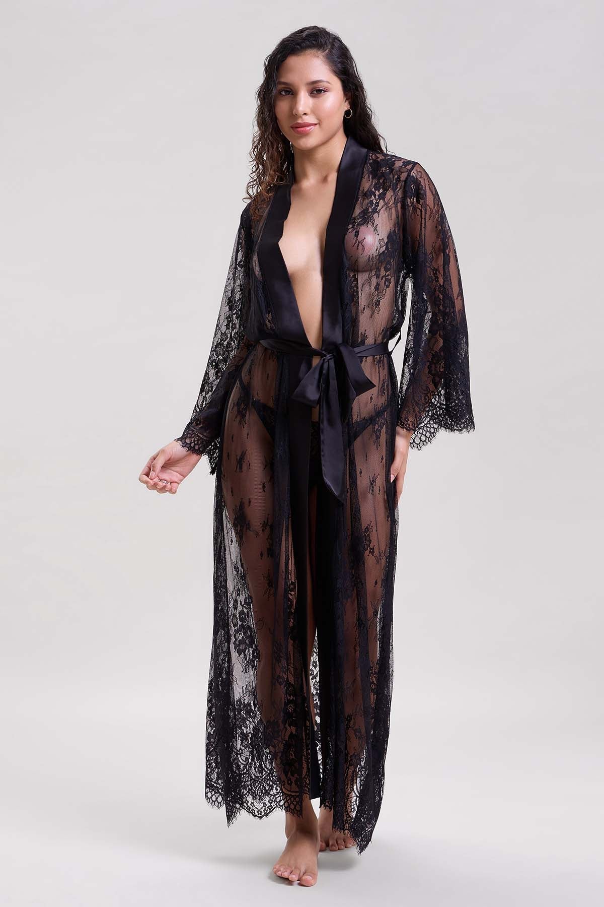 Buy Black Chantilly Lace Maxi Robe by Mysthelle for women online at ScrollnShops