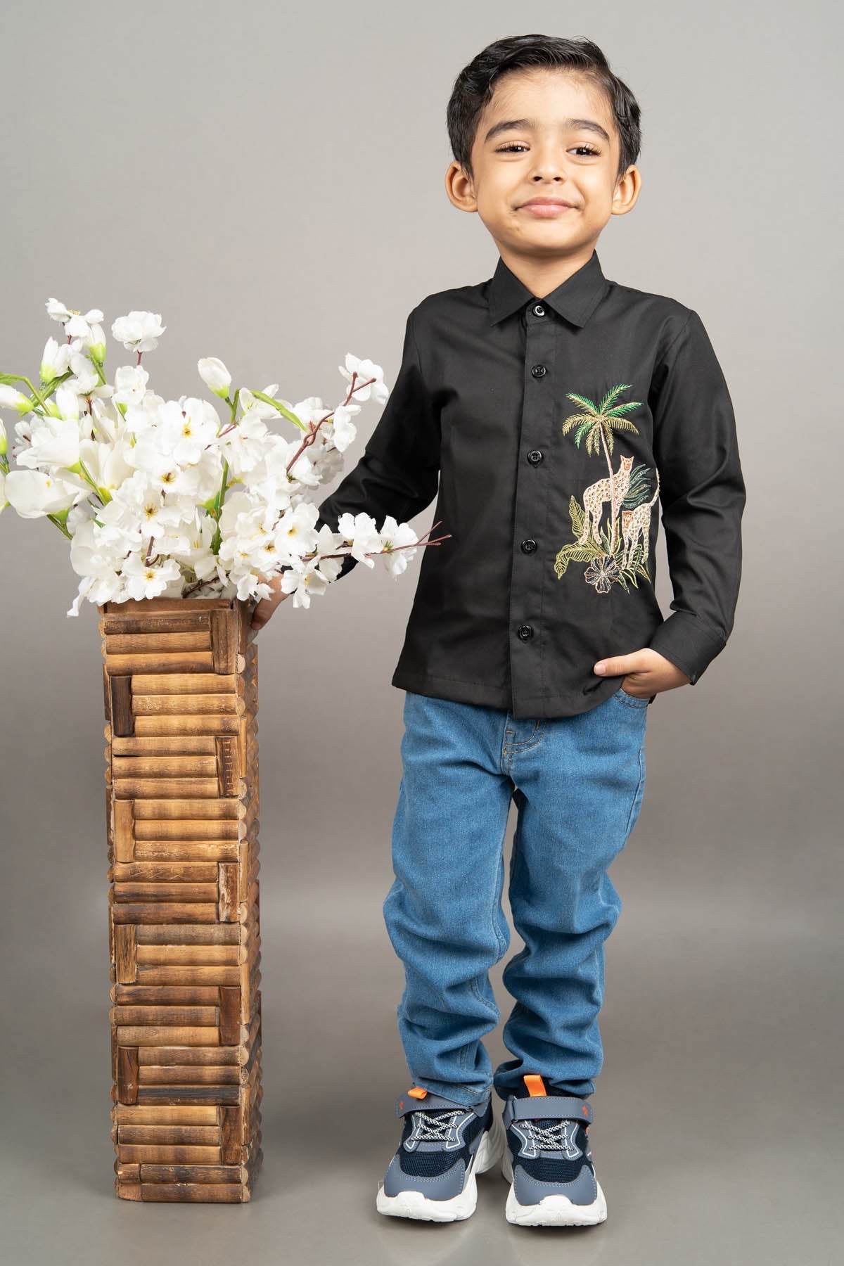 Little Brats Black Cheetah Embroidered Shirt for boy online at ScrollnShops