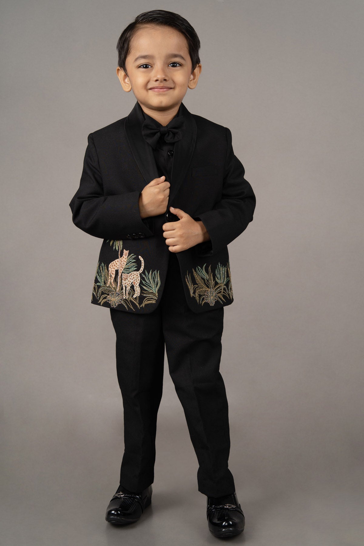 Designer Little Brats Black Cheetah Embroidered Suit For young Boys Available online at ScrollnShops