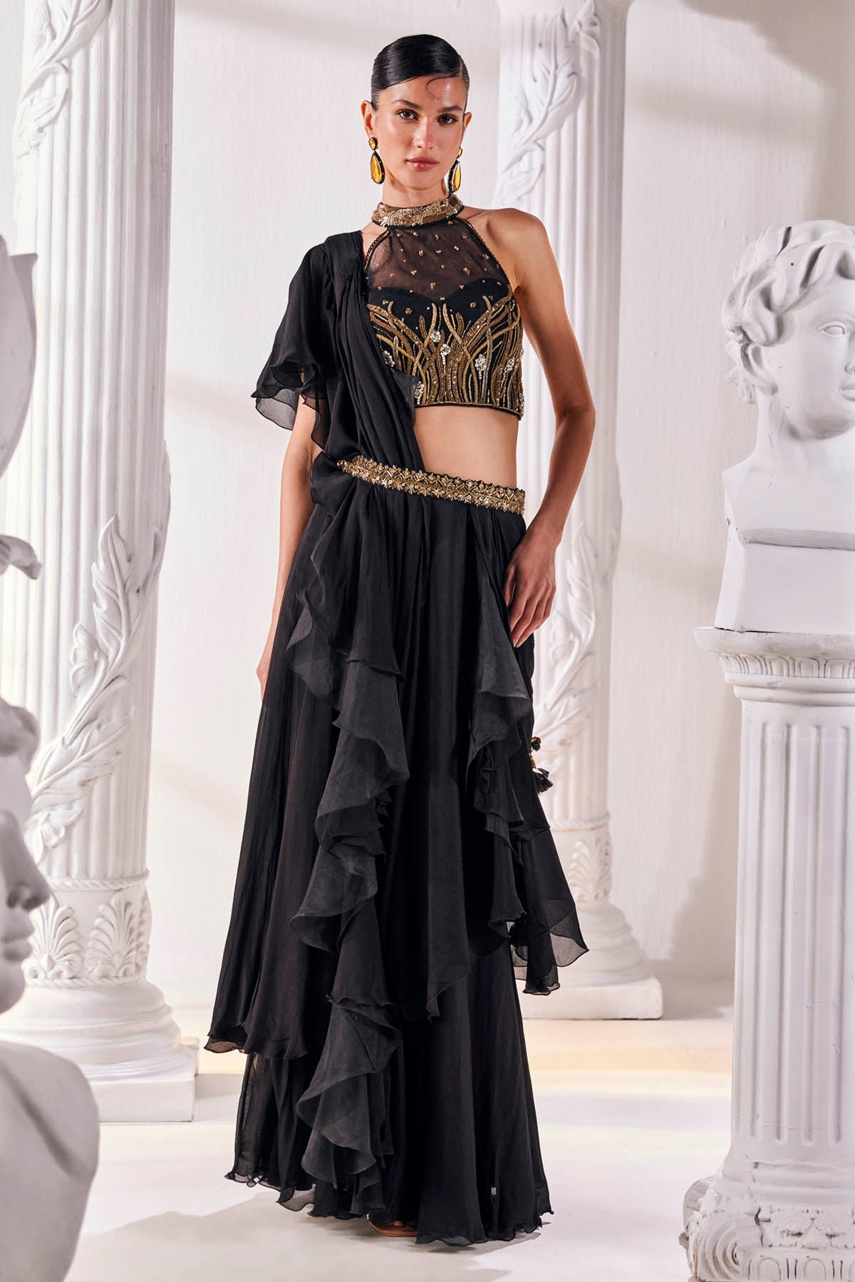 Buy Black Chiffon Pre-Drape Saree by Mandira Wirk