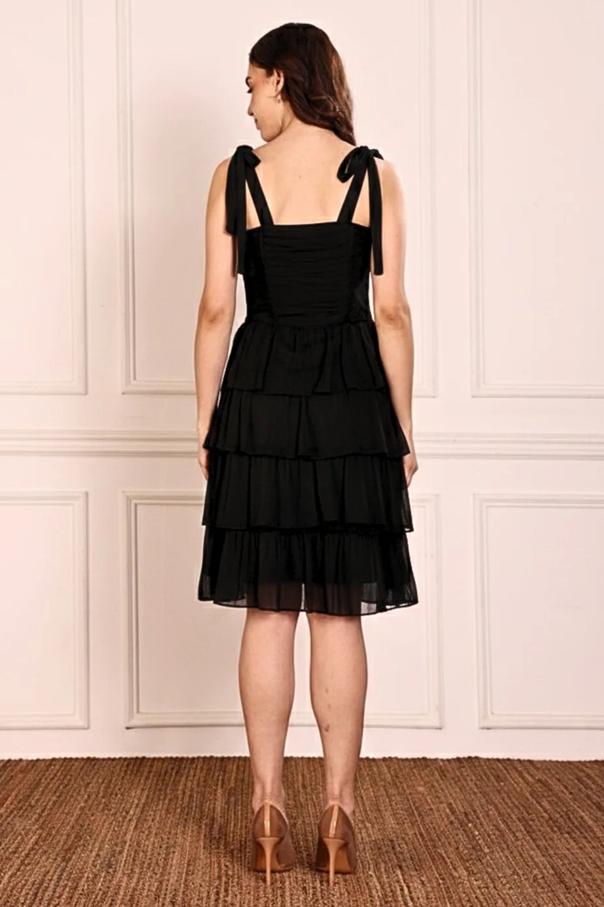 Black Chiffon Tie Up Mini Dress