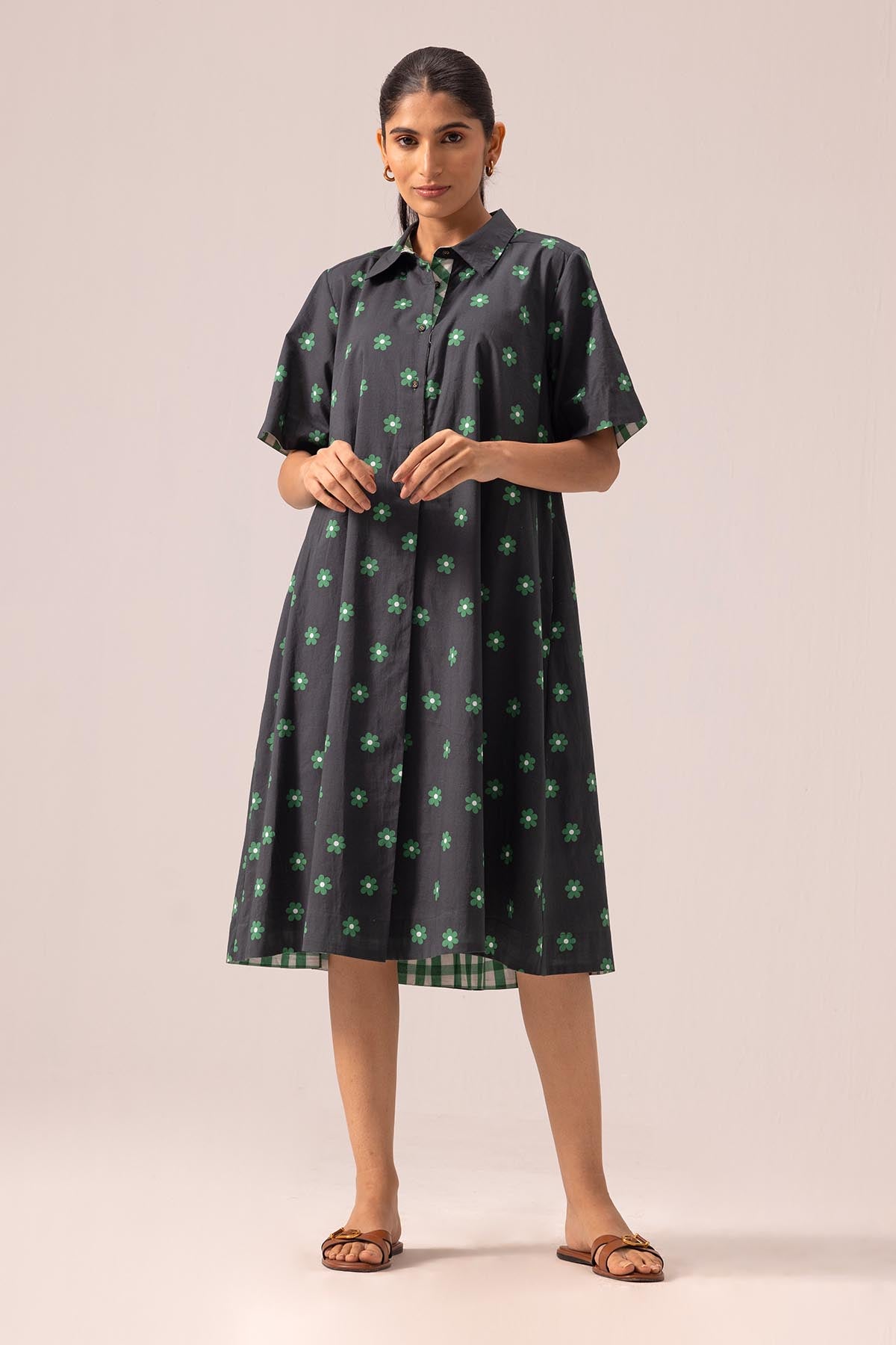 Black Collar Flowy Print Dress