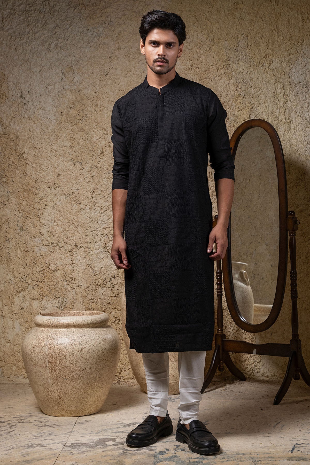 Buy Black Cord Embroidered Kurta Set by Priyanka Haralalka for men online at ScrollnShops