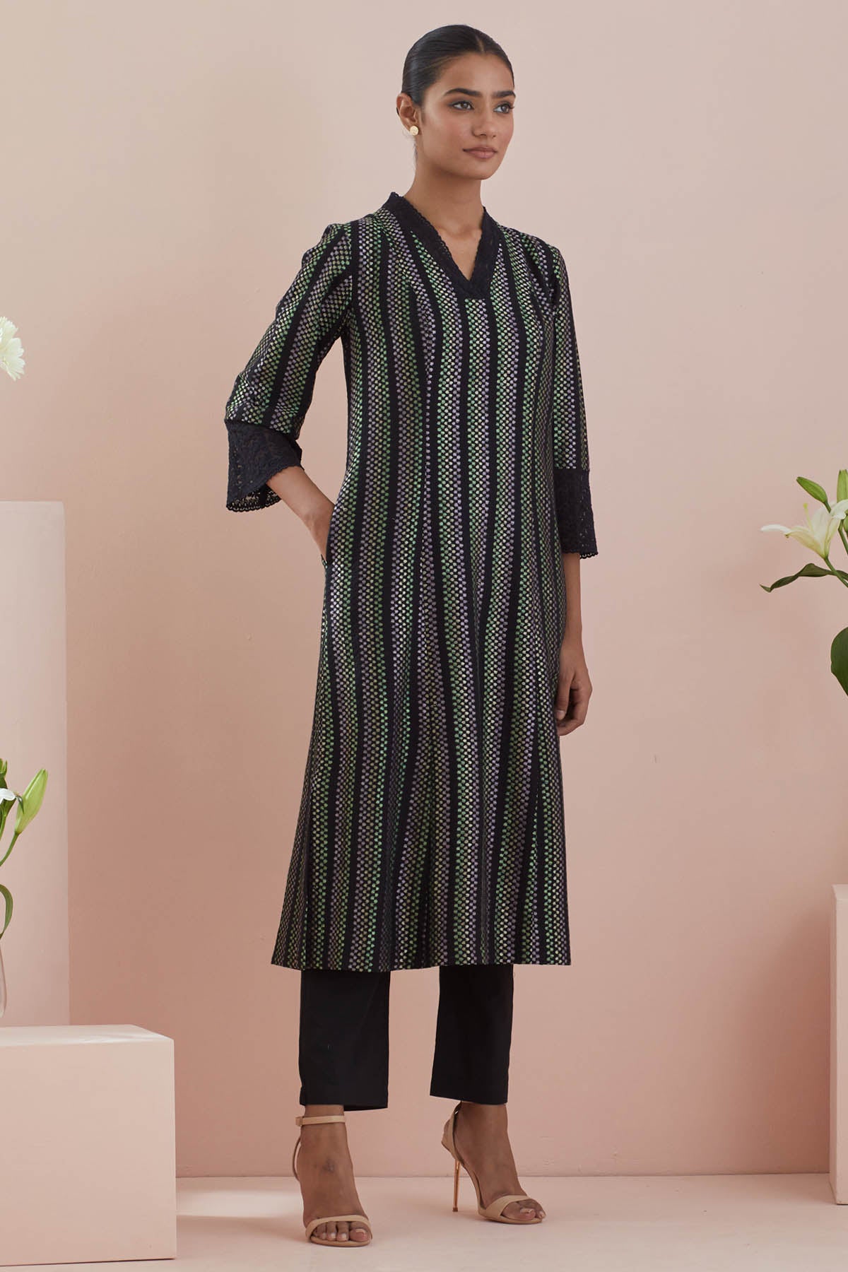 Black Cotton A-Line Kurta Set