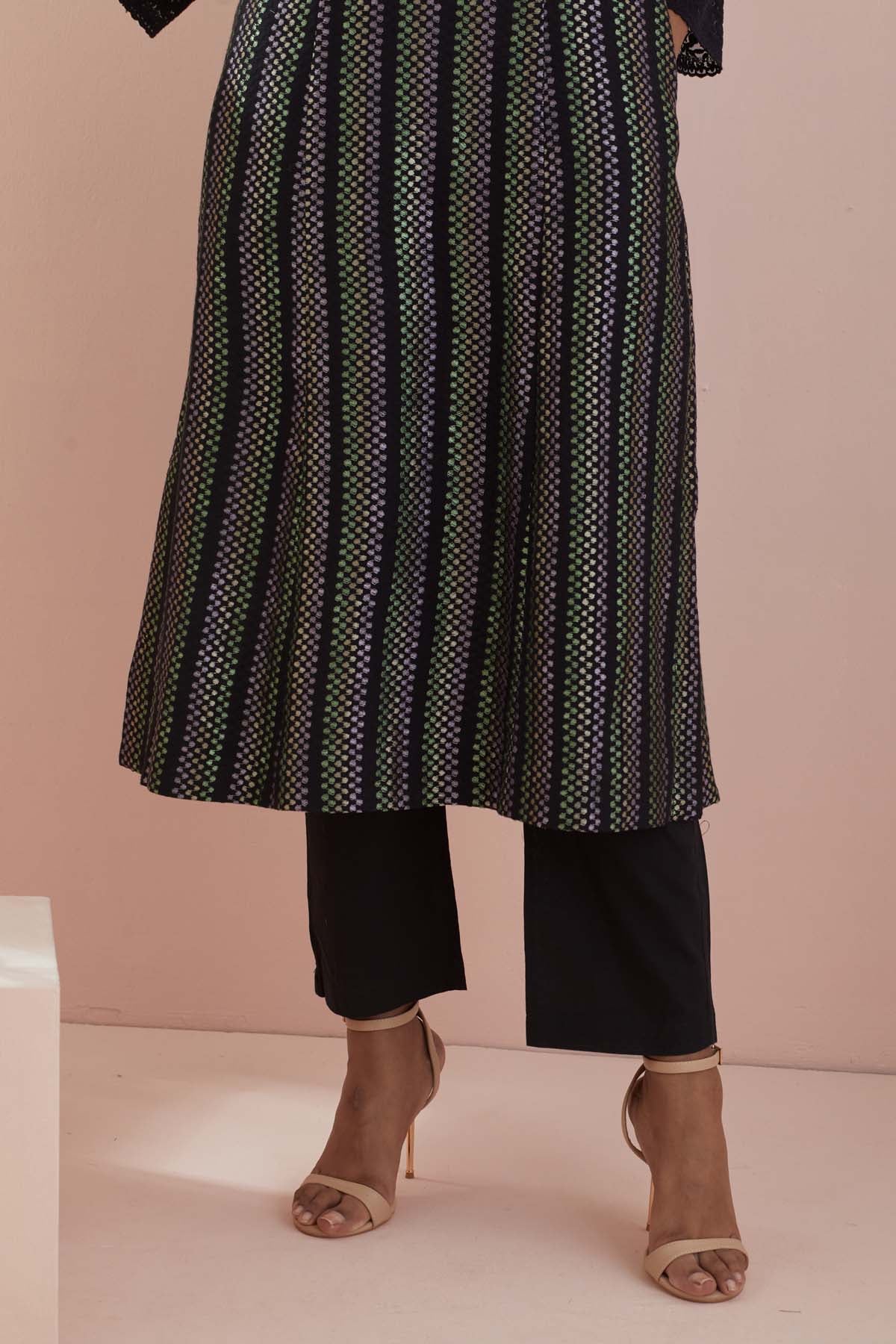 Black Cotton A-Line Kurta Set