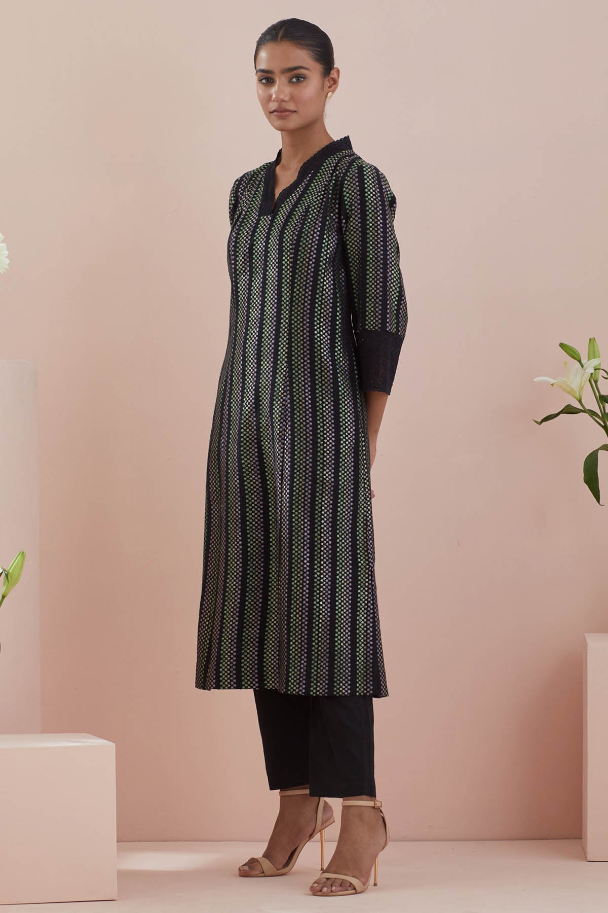 Black Cotton A-Line Kurta Set