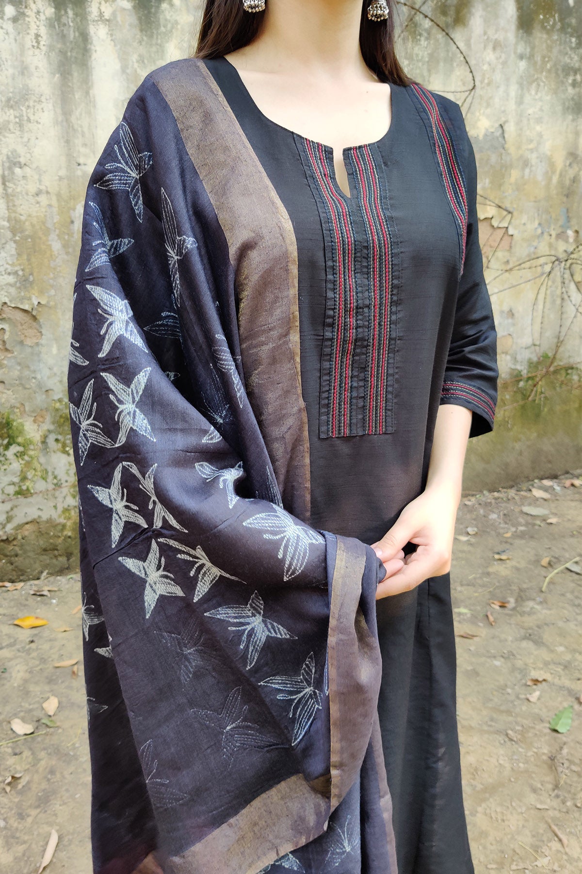 Black Cotton Accents Kurta Set