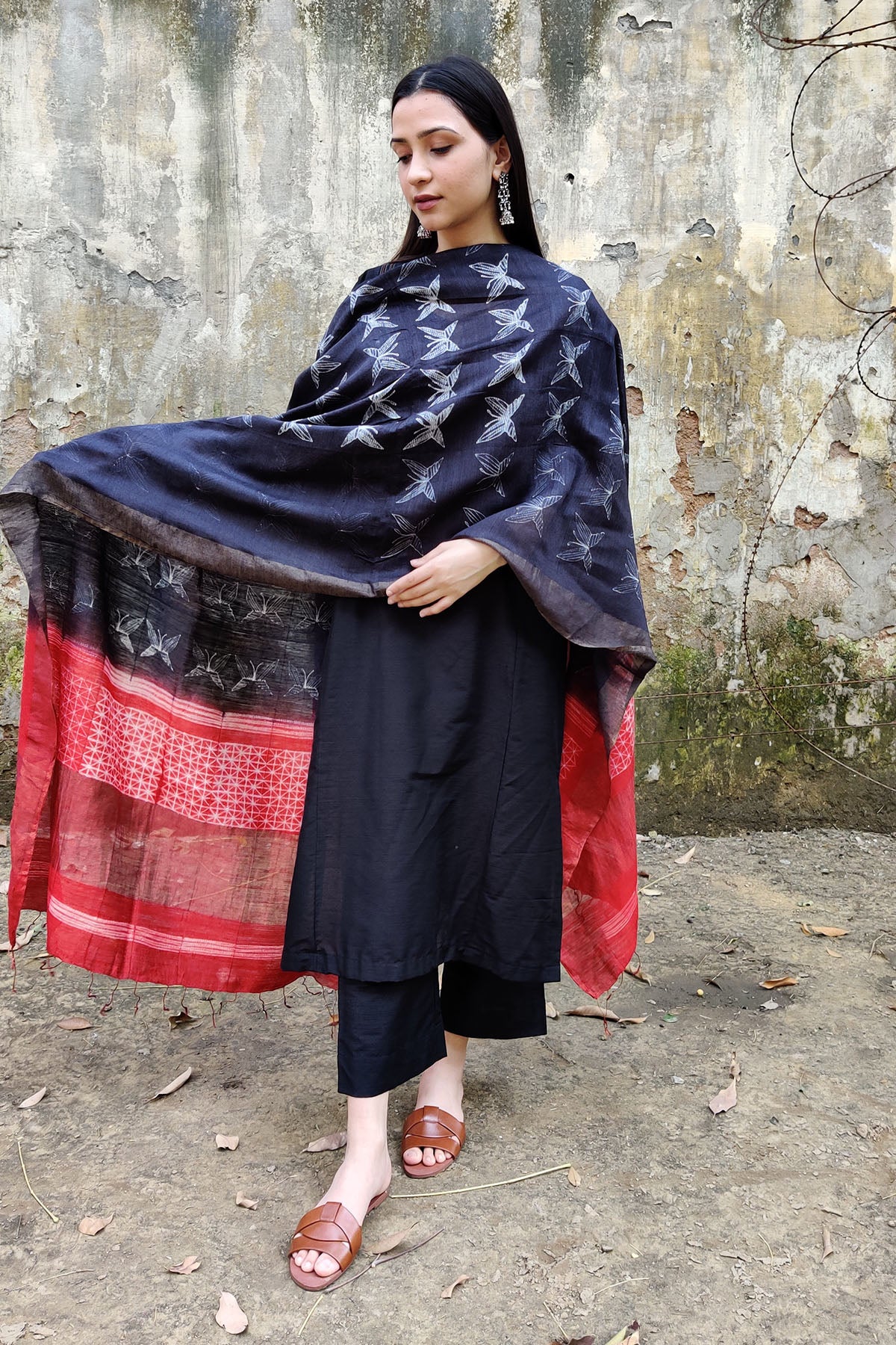 Black Cotton Accents Kurta Set