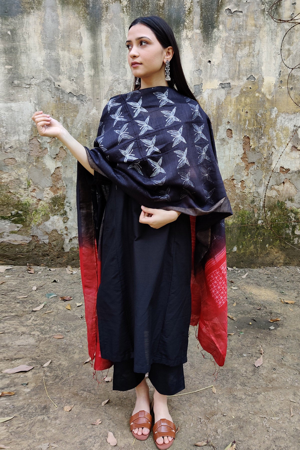Black Cotton Accents Kurta Set
