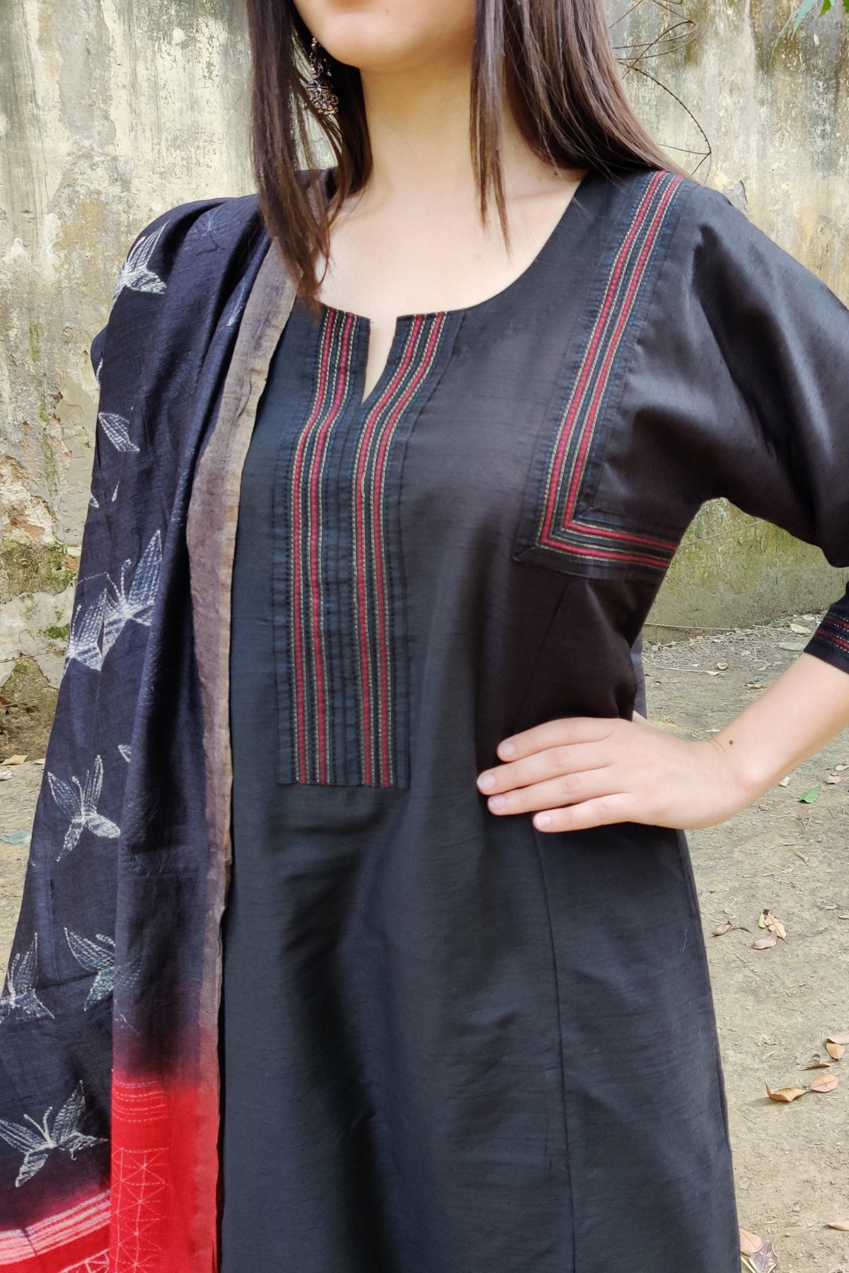 Black Cotton Accents Kurta Set