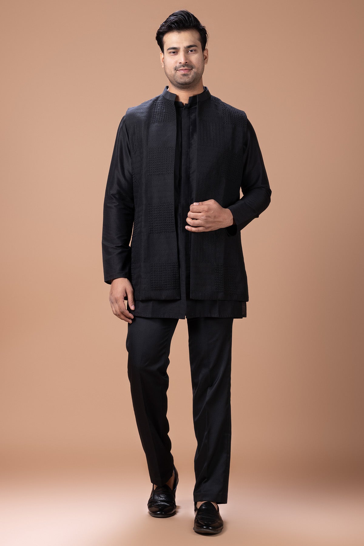 Buy Black Cotton Box Cord Kurta Set for men by Priyanka Haralalka online available at scrollnshops