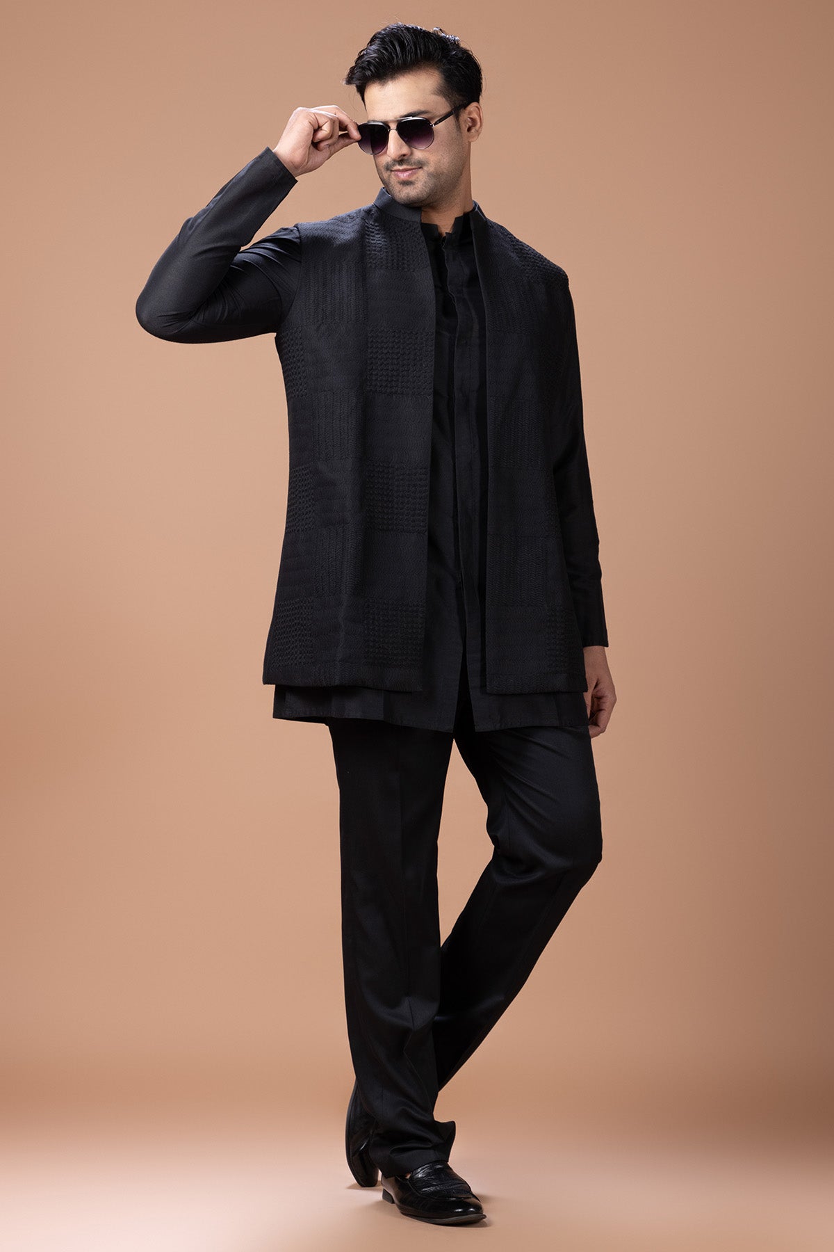 Black Cotton Box Cord Kurta Set