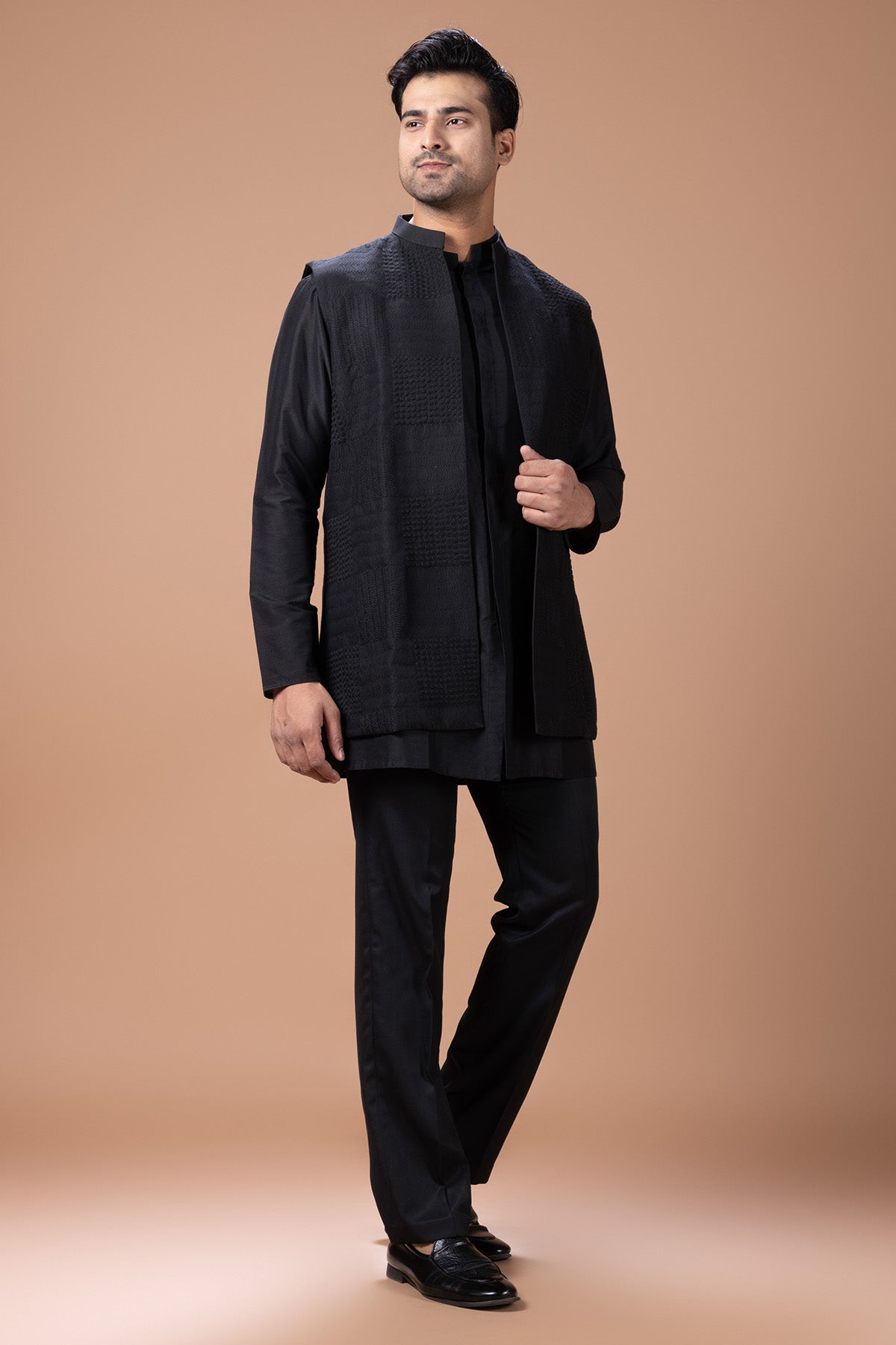 Black Cotton Box Cord Kurta Set