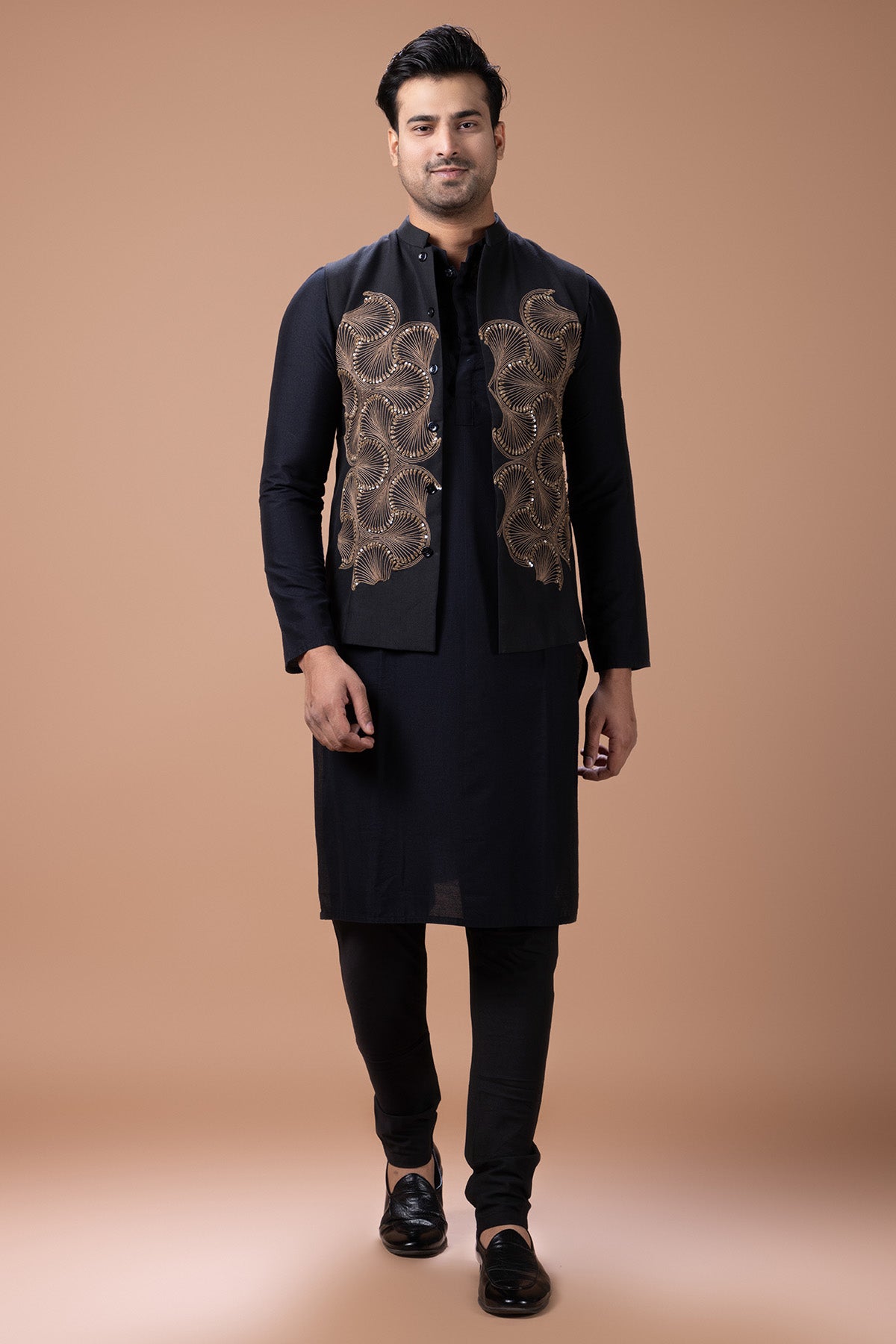 Buy Black Cotton Bundi Kurta Set for men by Priyanka Haralalka online available at scrollnshops