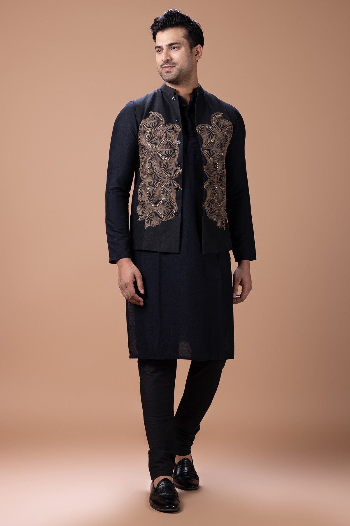 Black Cotton Bundi Kurta Set
