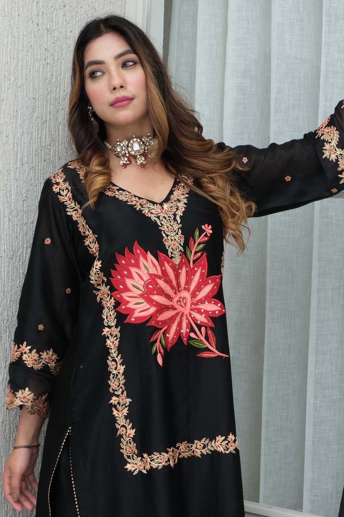 Black Cotton Chanderi Kurta Set