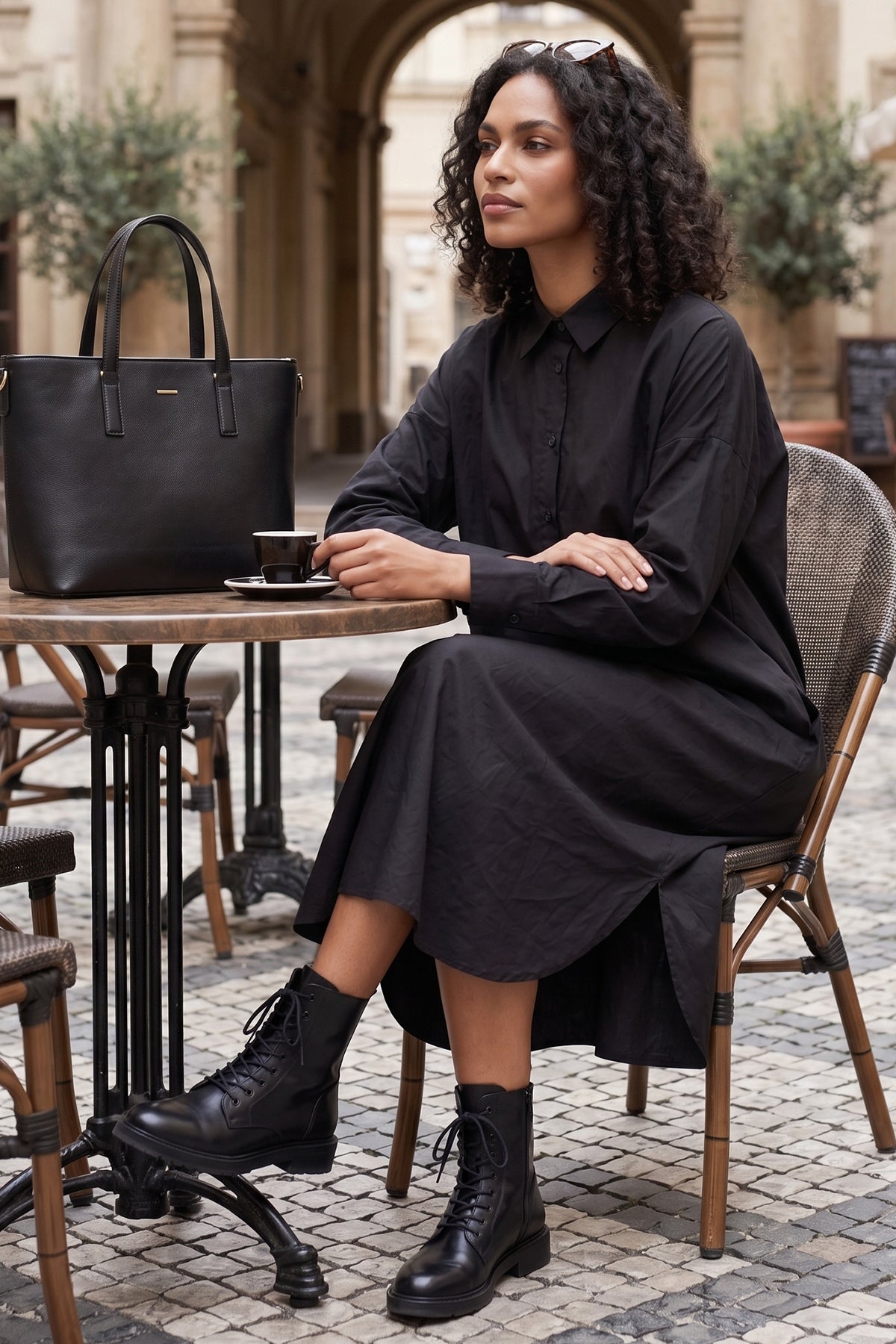 Black Cotton Collar Midi Dress