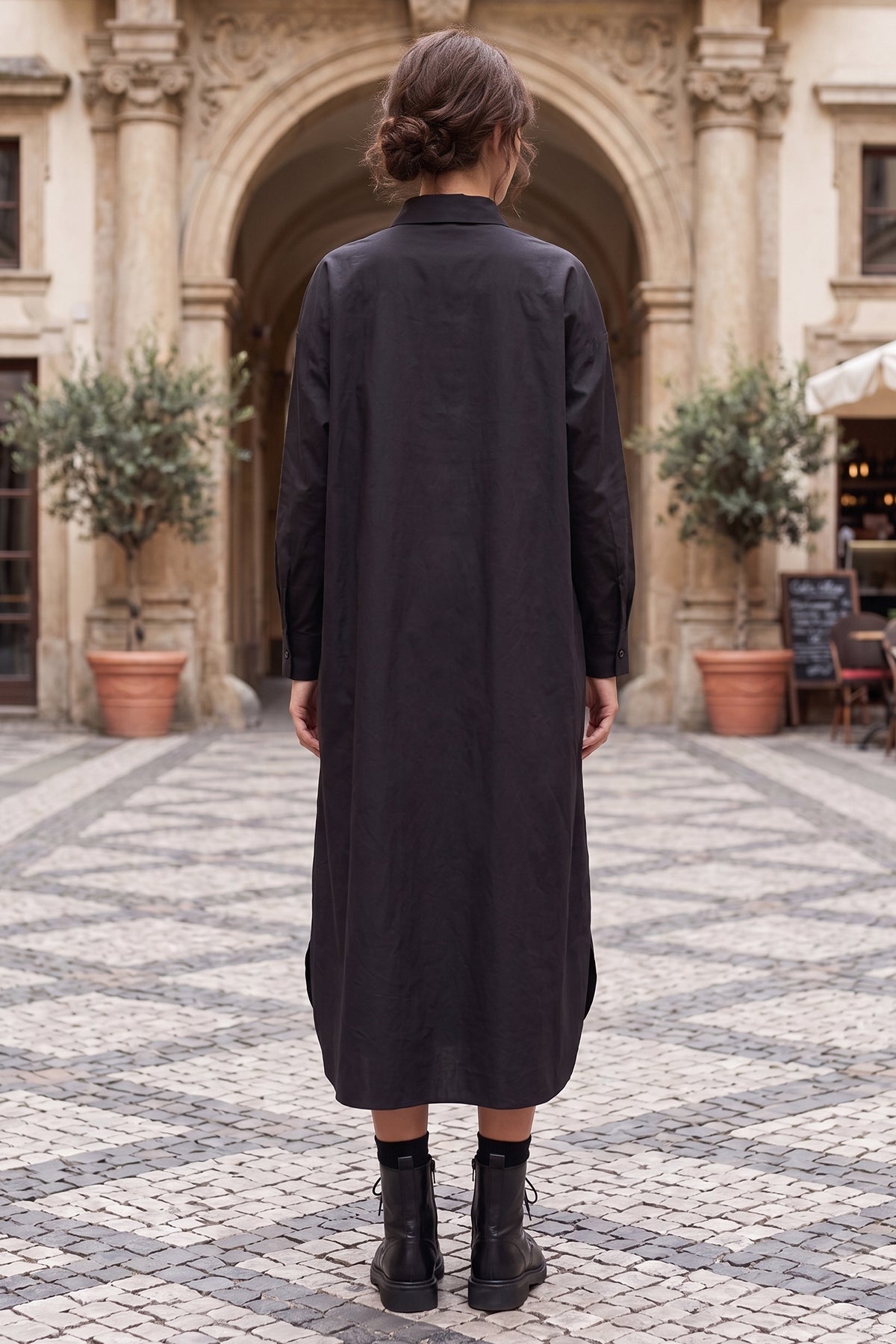 Black Cotton Collar Midi Dress