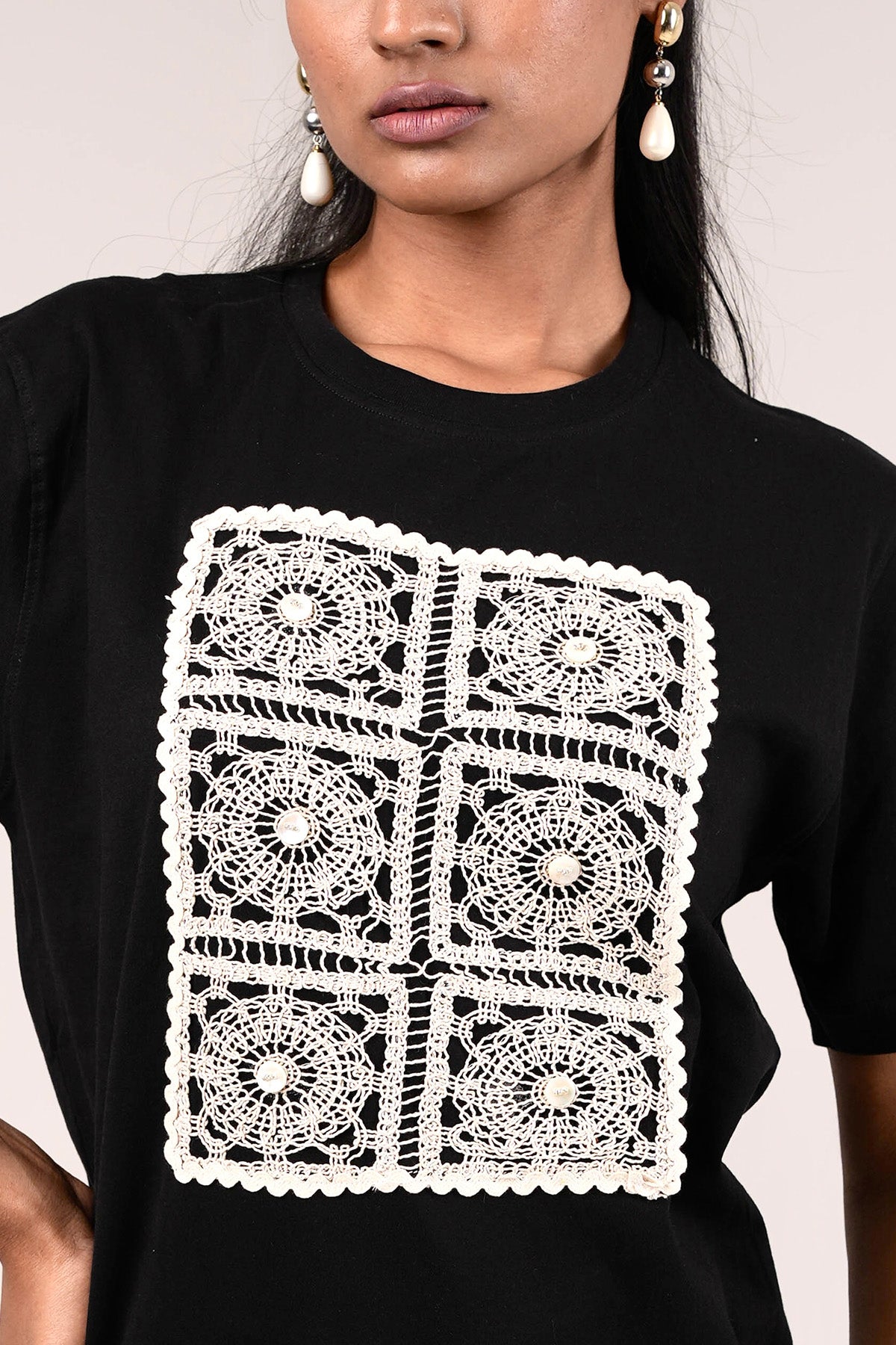 Black Cotton Crochet T-Shirt