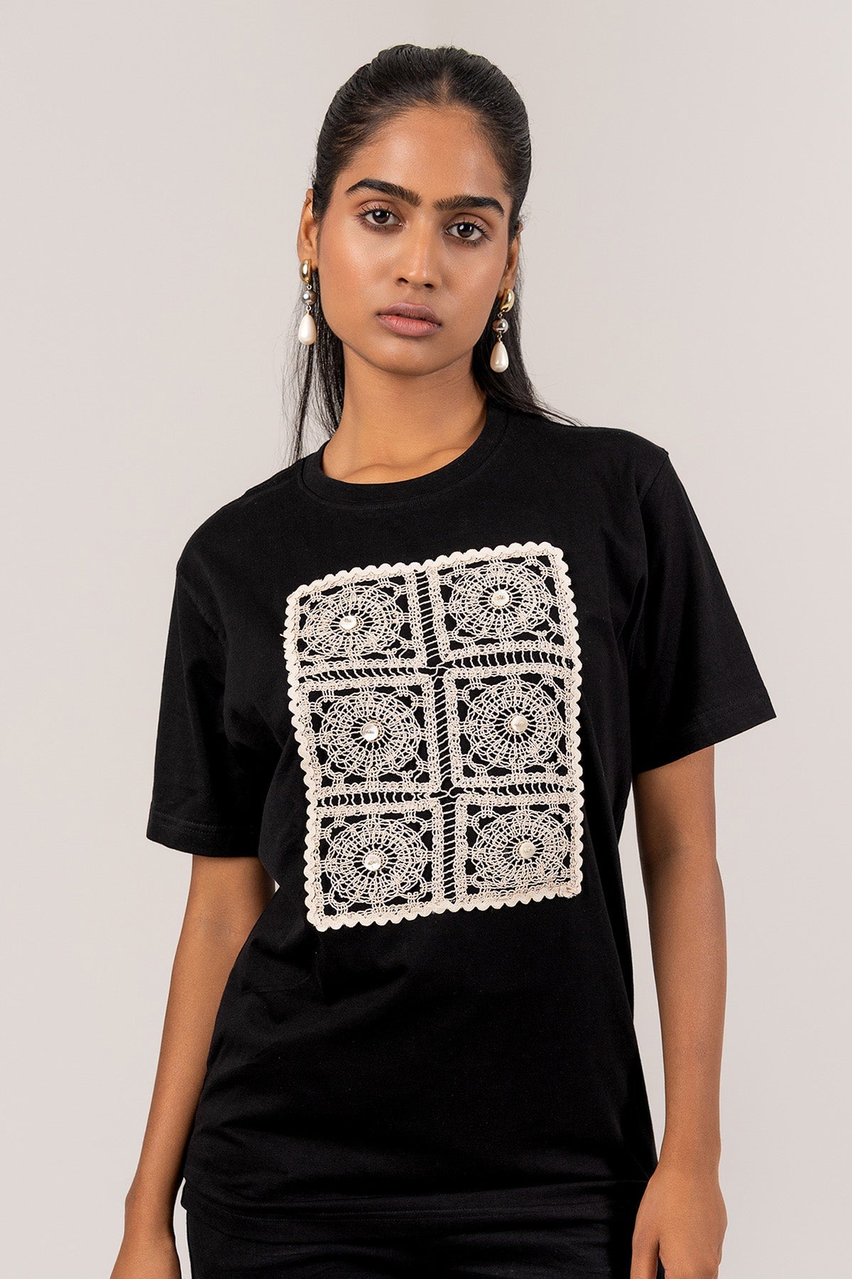 Buy Black Cotton Crochet T-Shirt by Seher Studio for women online at ScrollnShops