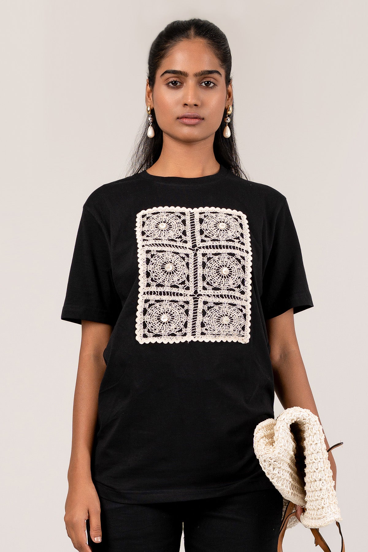 Black Cotton Crochet T-Shirt