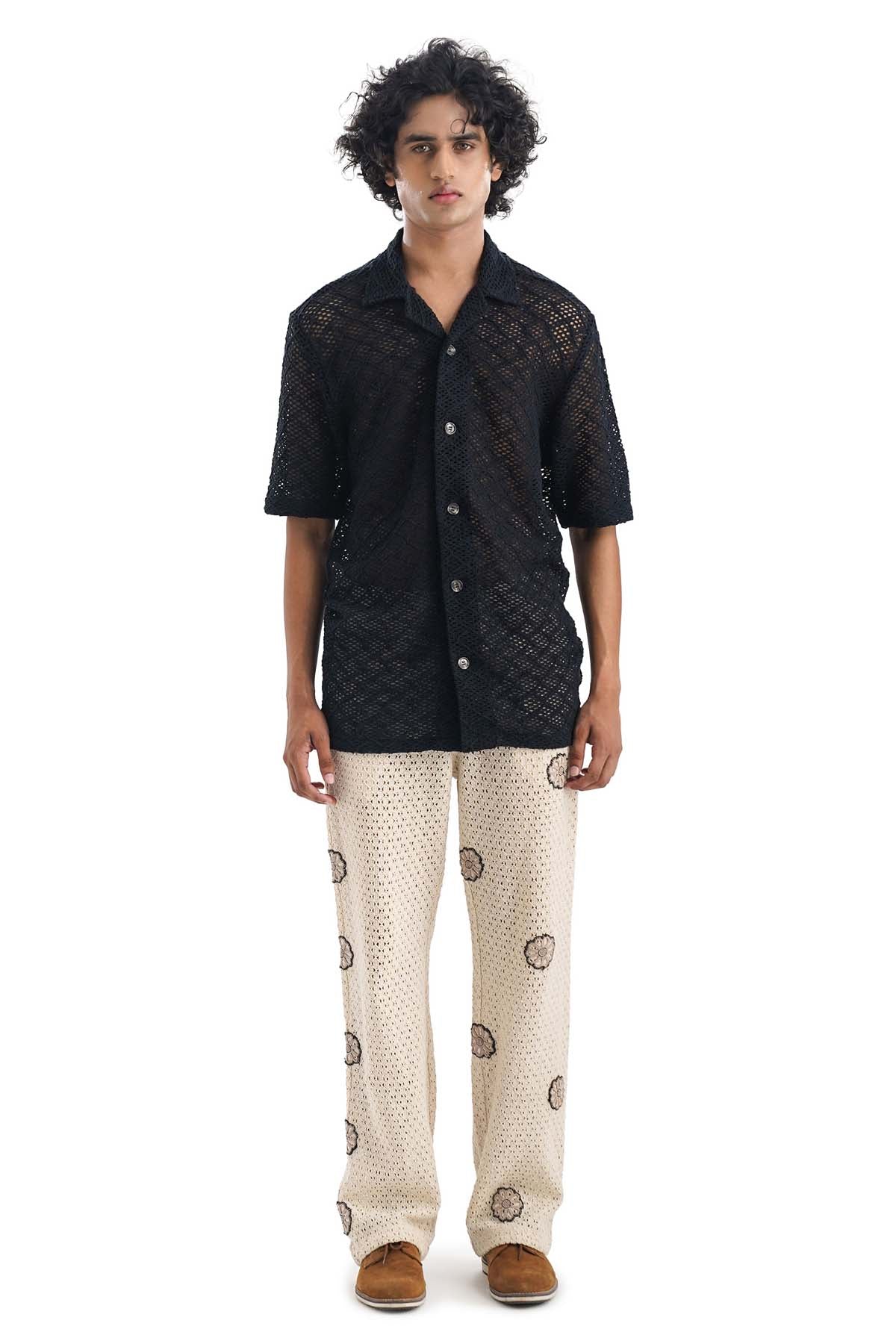 Black Cotton Cuban Collar Shirt