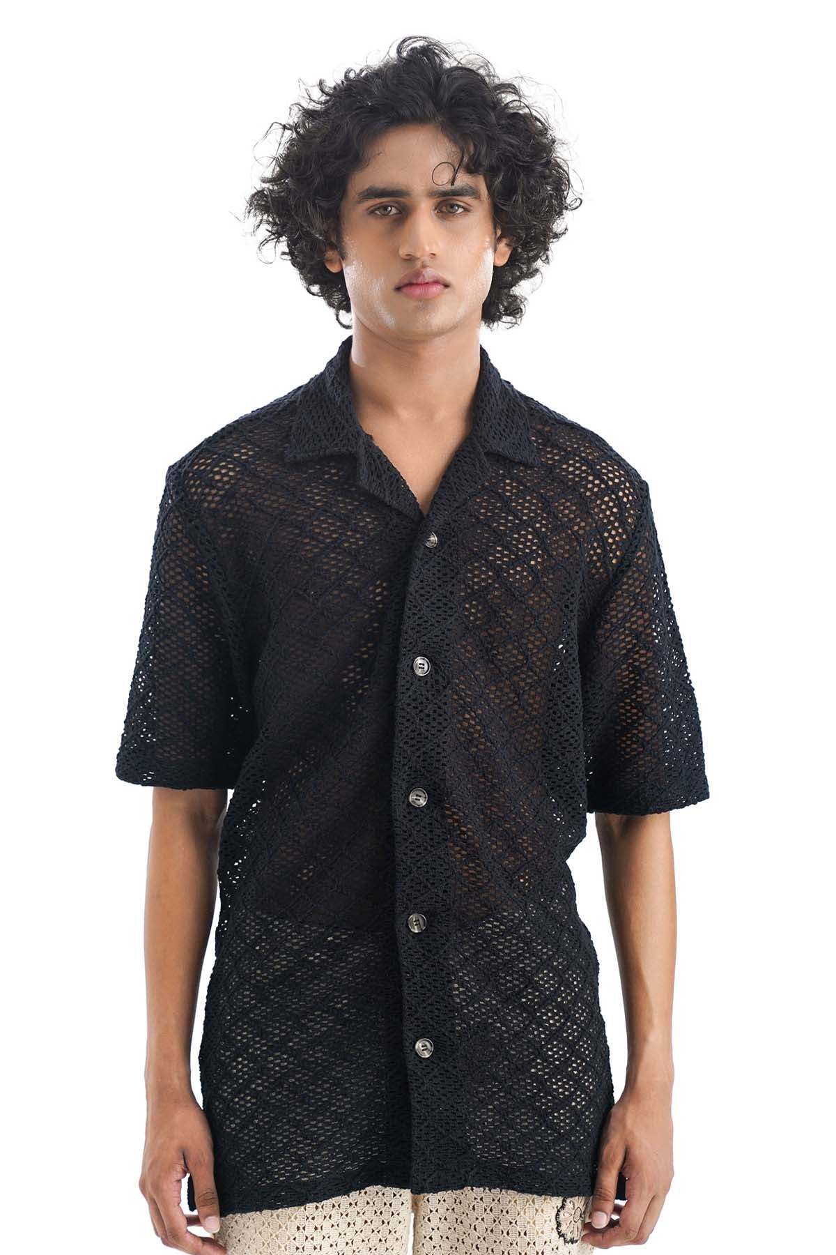 Notre Ame - Men Black Cotton Cuban Collar Shirt for men online at ScrollnShops