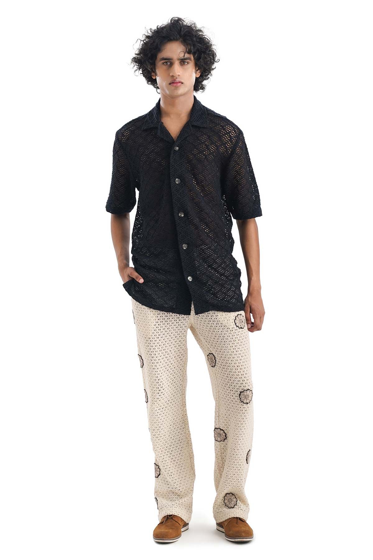 Black Cotton Cuban Collar Shirt