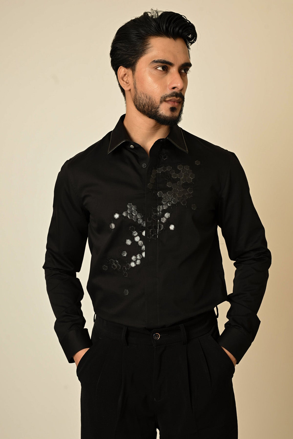 Buy Black Cotton Embellished Shirt for men by Paarsh Atelier online available at scrollnshops