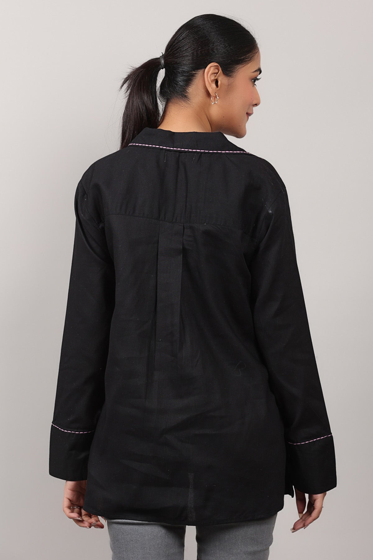 Black Cotton Embroidered Shirt