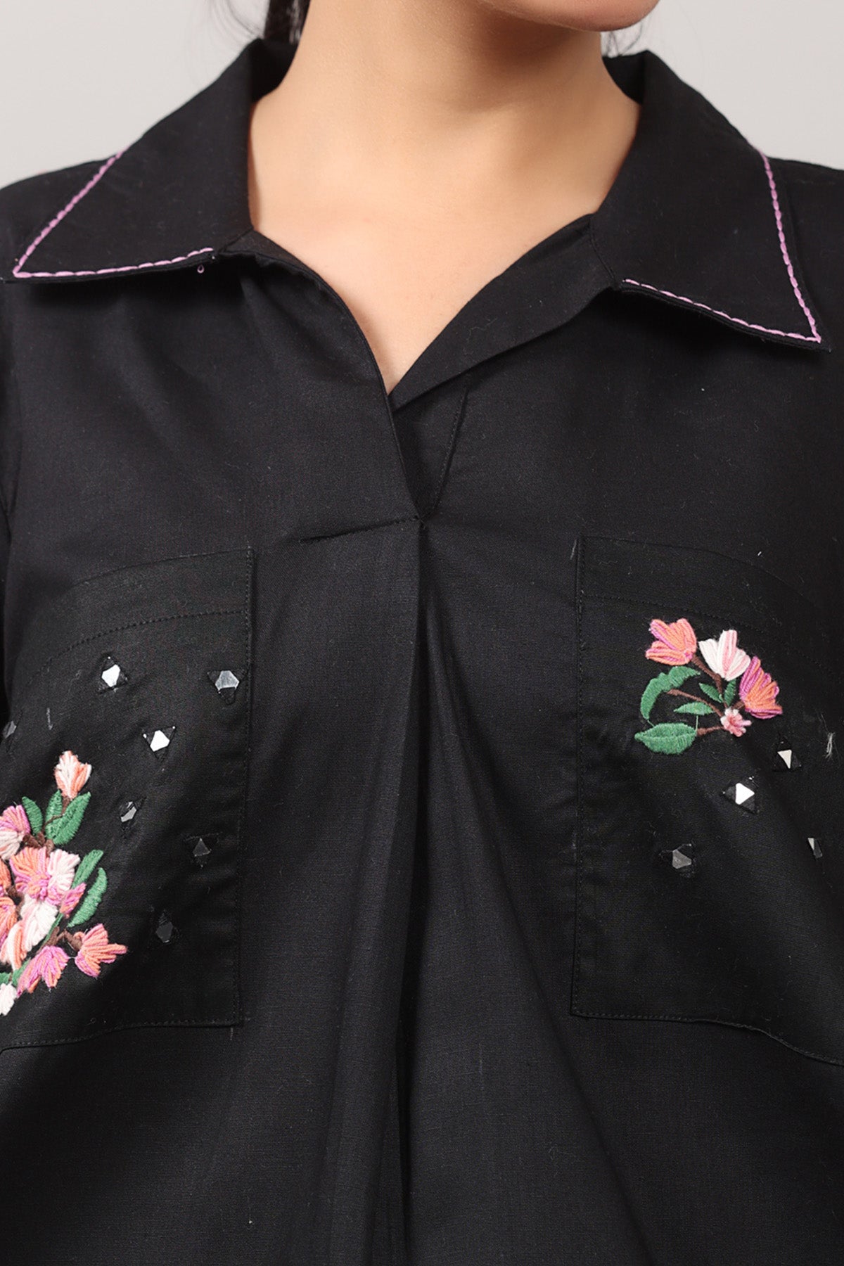 Black Cotton Embroidered Shirt