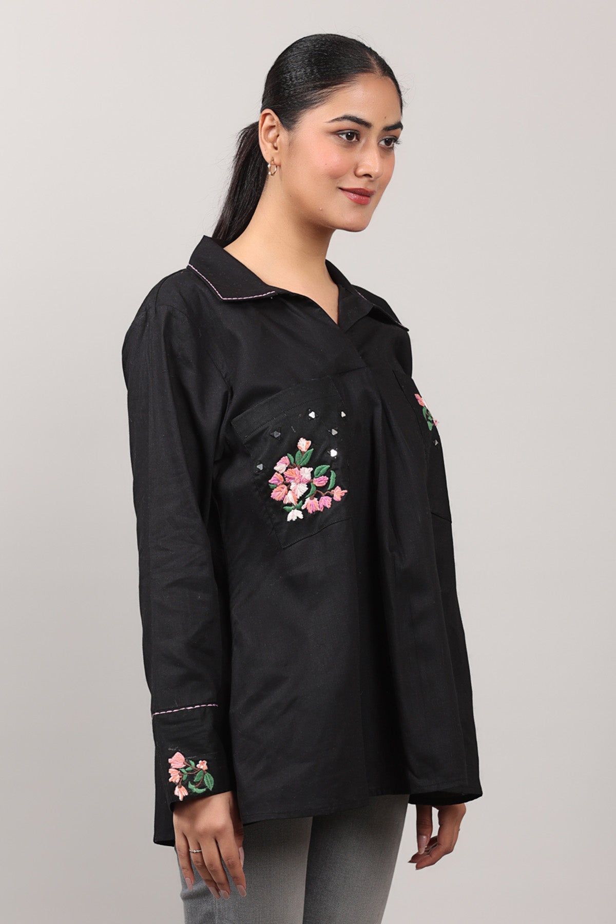 Black Cotton Embroidered Shirt
