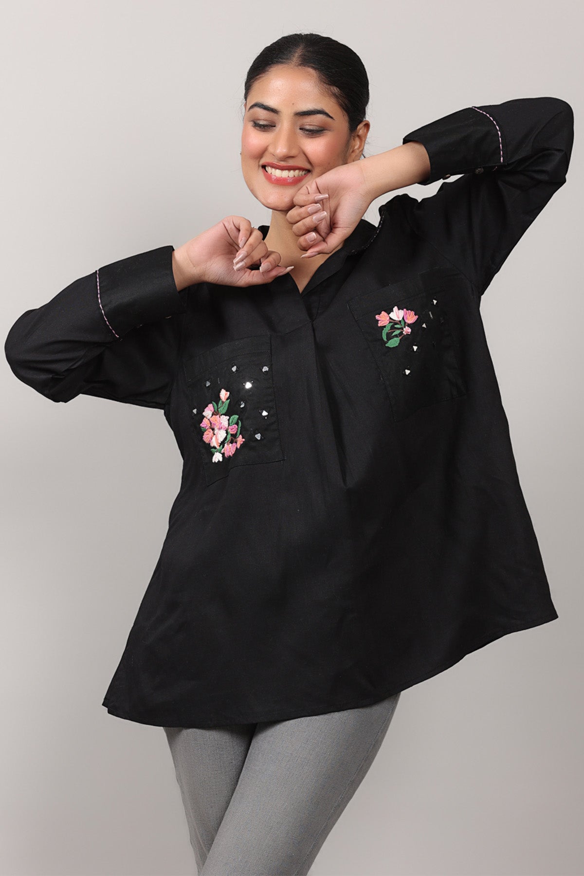 Buy Black Cotton Embroidered Shirt by OSKOS for women online at ScrollnShops