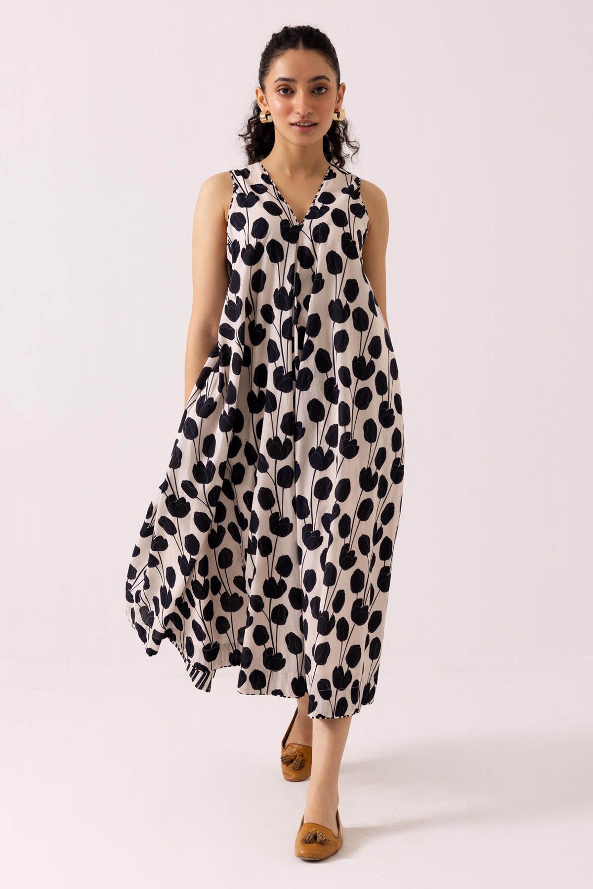 Black Cotton Flared Midi Dress