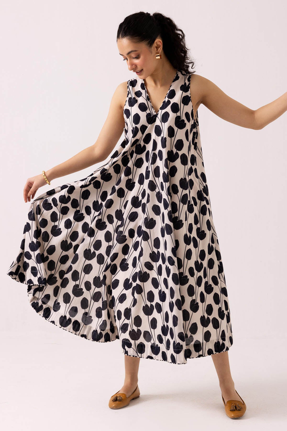 Buy Designer Black Cotton Flared Midi Dress Online at ScrollnShops