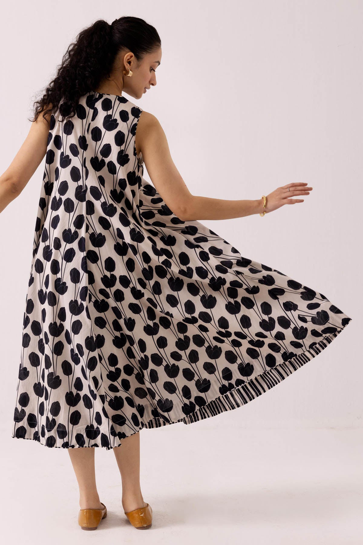 Black Cotton Flared Midi Dress