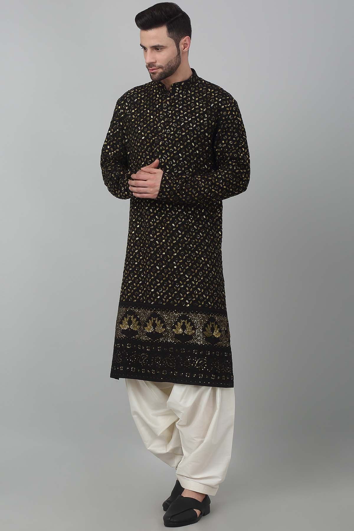 Black Cotton Floral Kurta Set
