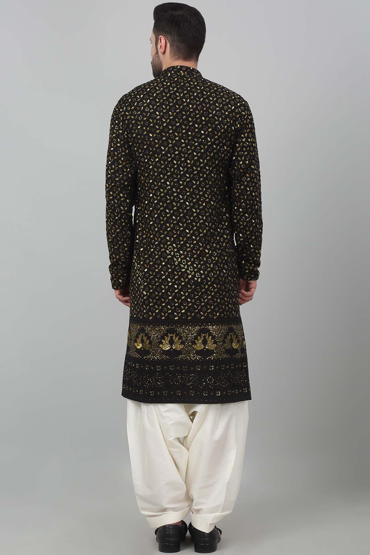 Black Cotton Floral Kurta Set