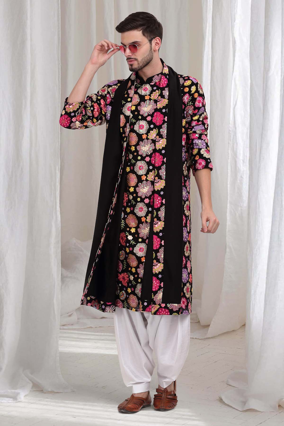 Buy Cotton Floral Black Kurta Set by Aham Vayam for men online at ScrollnShops