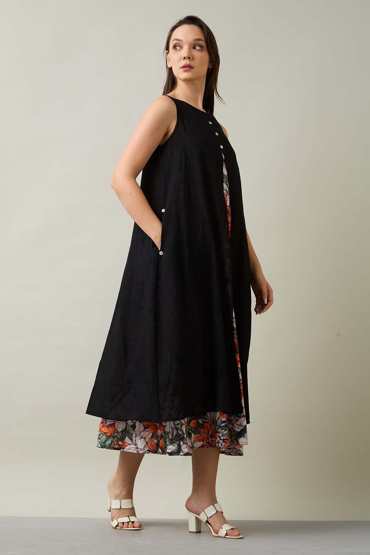 Black Cotton Front Open Dress