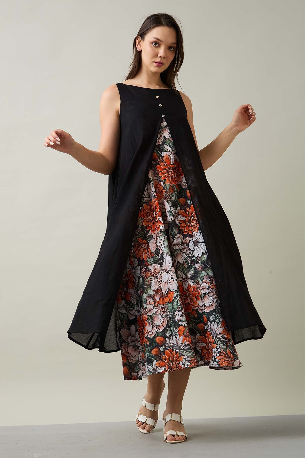 Black Cotton Front Open Dress