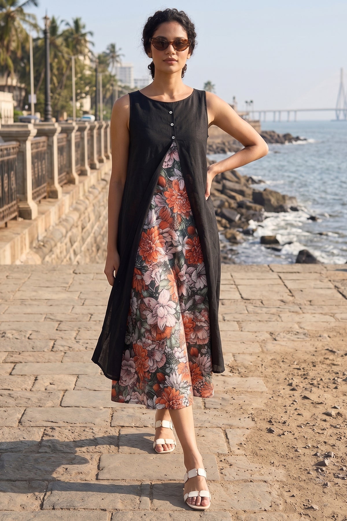 Cotton Black Front Open Dress
