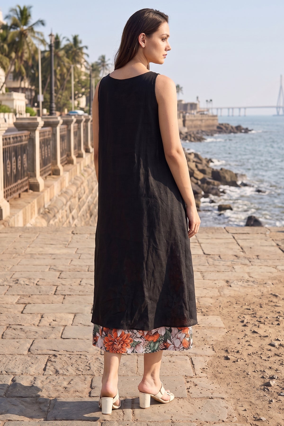 Cotton Black Front Open Dress