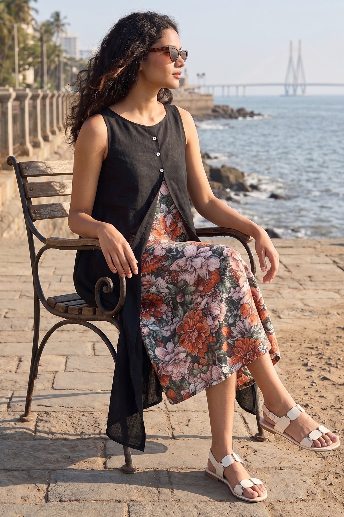 Cotton Black Front Open Dress