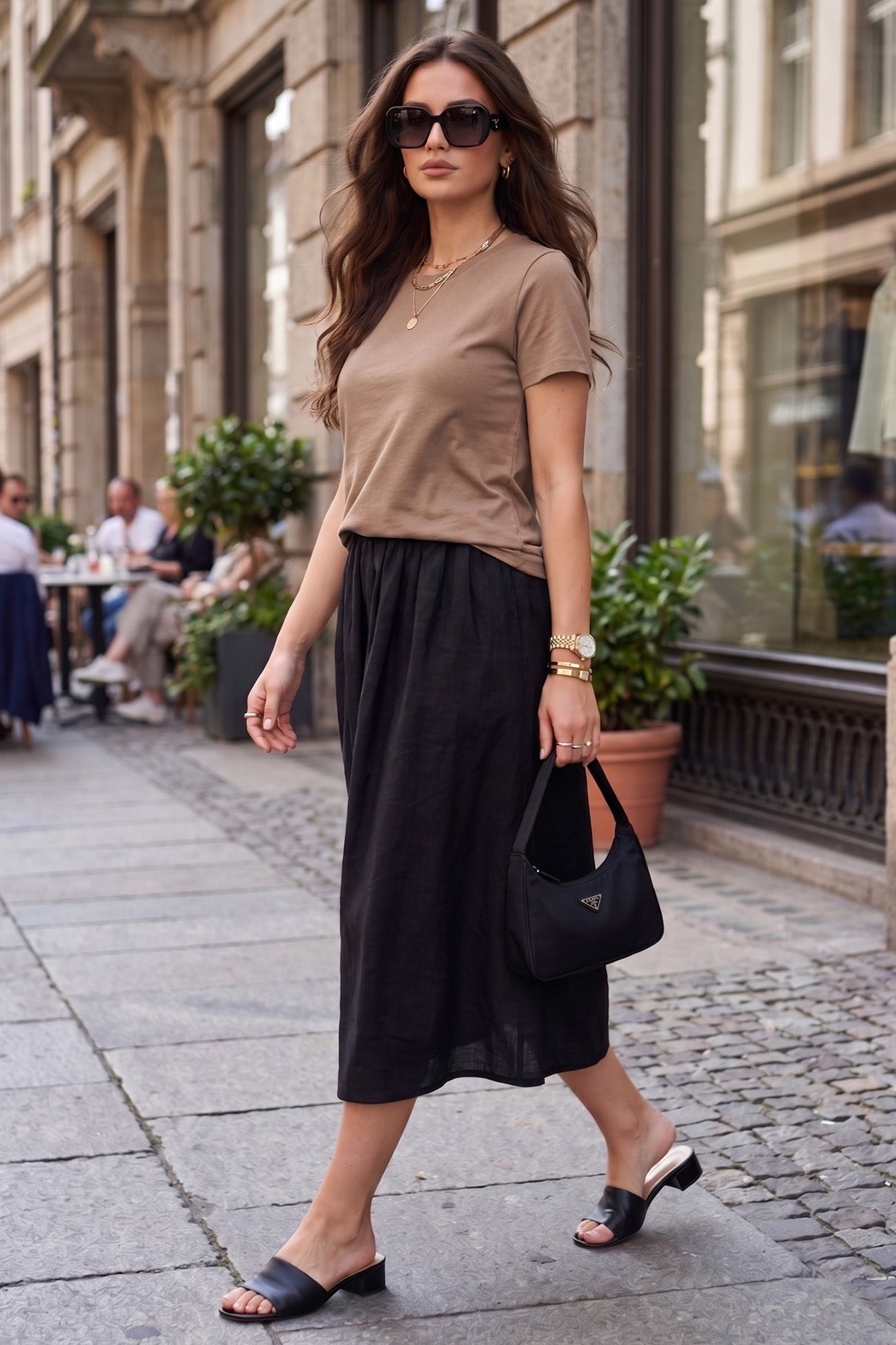 Black Cotton Linen A-Line Skirt